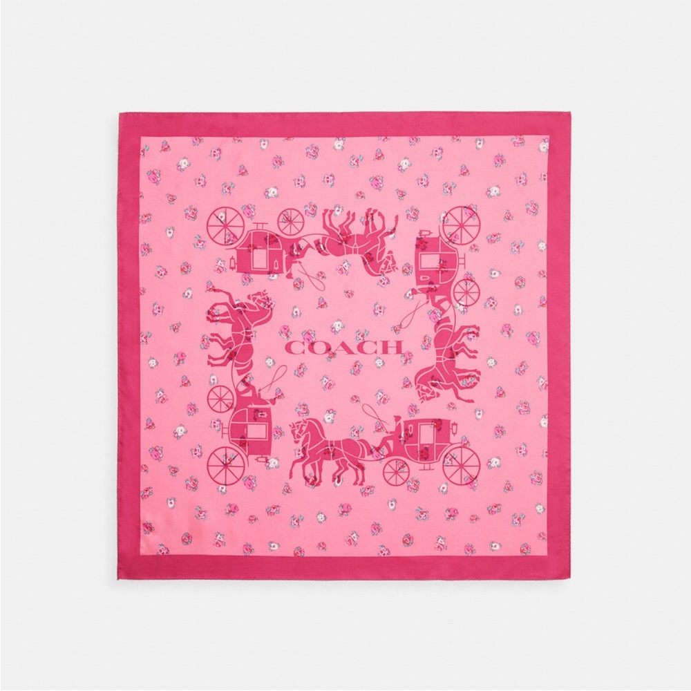 NWT！Coach Scarf  Horse and Carriage Tea Rose Print Silk Bandana（C0007）V-Day Gift